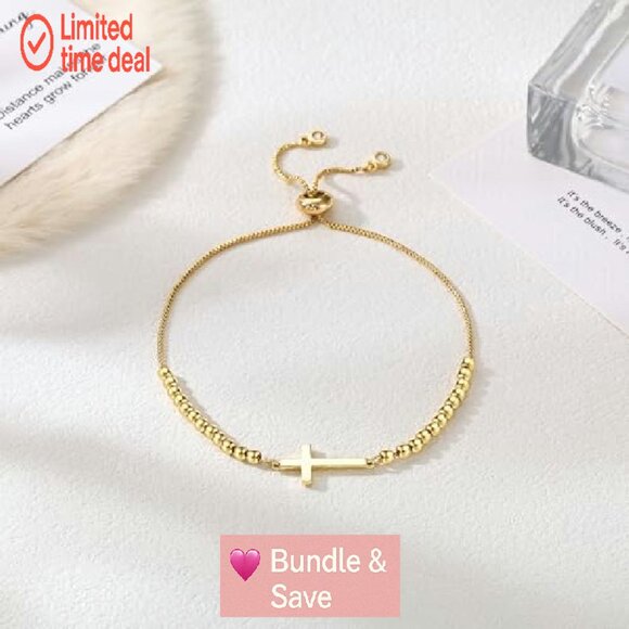 Sterling Silver Gold Plated Cross Bracelet Adjustable Christian Jewelry Gift - Picture 6 of 8